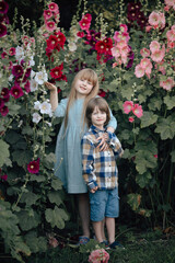 A girl and a boy in the mallow flower garden