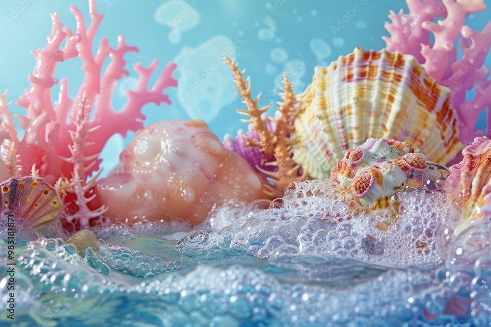 Poster underwater world with seashells and corals floating on the ocean with foam and bubbles