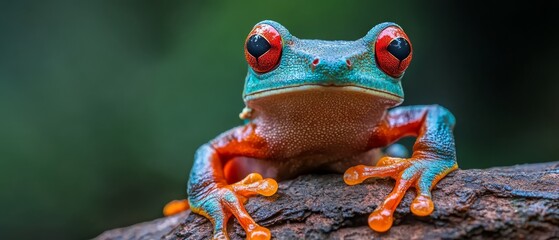  A red-eyed tree frog sits on a branch, eyes wide and vividly red