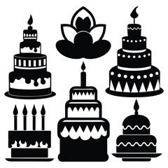 Birthday cake collection black silhouette style on white background