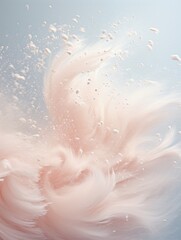 Fototapeta premium Cluster of pink particles dispersed in the air against a light blue background, capturing a dynamic moment of motion and fragmentation, creating a visually striking effect.