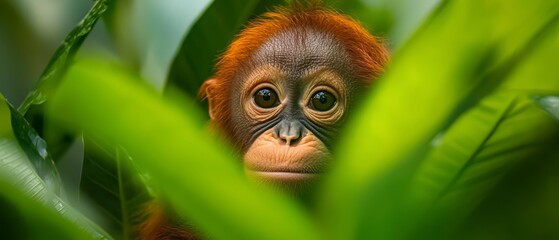 Obraz premium A monkey in a tree, closely gazing at the camera with a mix of sadness and seriousness in his expressive eyes