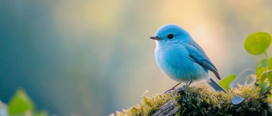 Fototapeta premium A small blue bird perches on a moss-covered branch, adjacent to a green leafy one