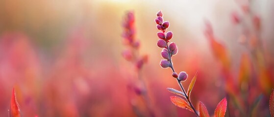  A tight shot of a plant displaying red blooms in the foreground, while the background softly fades into a blur