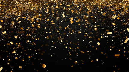 "Glittering gold confetti texture overlay falling against a black background, ideal for adding a festive touch to event decorations and celebrations."