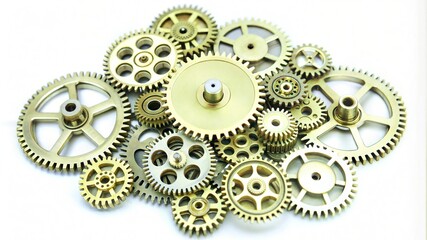 Collection of Brass Clockwork Cogs on White Background, Mechanical Precision Parts