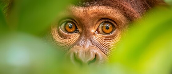 Obraz premium A tight shot of a monkey's expressive face, with a vivid green leaf in the near foreground, and a softly blurred background