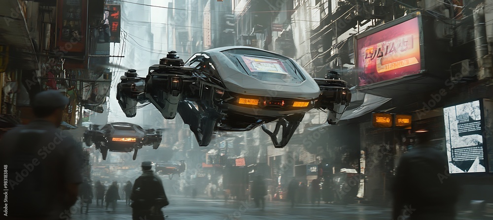Poster *a futuristic world with floating ai-controlled drones and holographic billboards