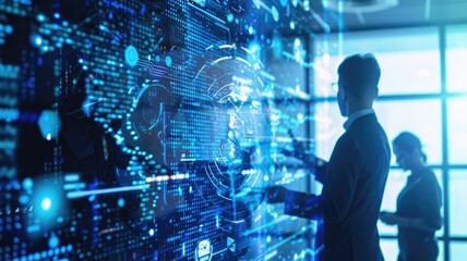 Business Professionals Analyzing Data on Futuristic Digital Interface