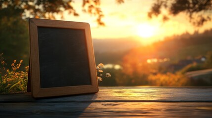 Chalkboard rests on table with sunset in the background.