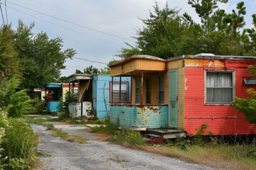 Row of abandoned, run down trailer homes, showing signs of age and neglect