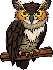 Vector illustration of a cartoon owl perched on a tree branch.