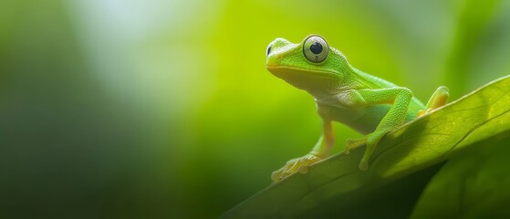 Obraz premium A tight shot of a frog atop a leaf against a softly blurred backdrop of green foliage