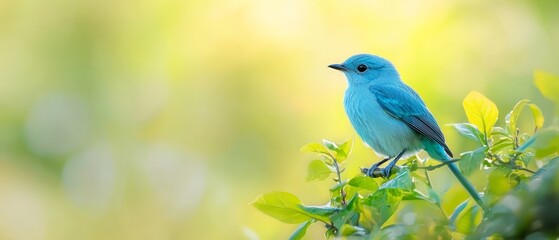  A small blue bird perches on a green tree branch with a blurred background