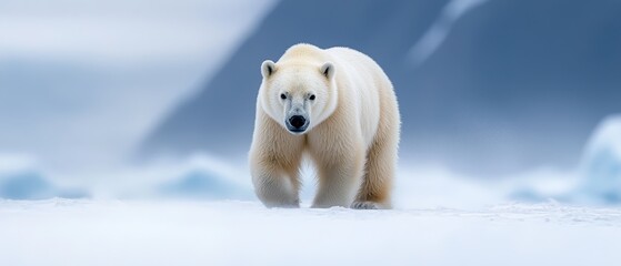 Obraz premium A polar bear walks through the snowy landscape, mountains distant in the background