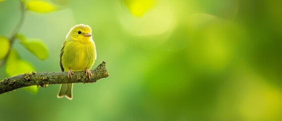  A small yellow bird sits atop a tree branch against a backdrop of green and yellow foliage