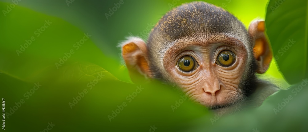 Wall mural  A monkey's face peeks closely from behind a leafy, green background The monkey's head in the foreground is slightly blurred