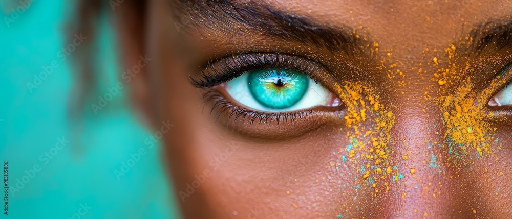 Sticker  A tight shot of a woman's blue eye, adorned with a smear of yellow powder on each cheek