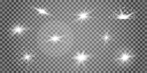 White glowing light explodes on a transparent background. Sparkling magical dust particles. Bright Star. Transparent shining sun, bright flash. Vector sparkles. To center a bright flash.	