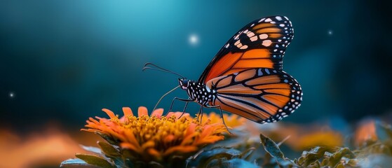  A tight shot of a butterfly atop a yellow bloom against a backdrop of blue sky