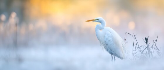 Fototapeta premium A white bird with a yellow beak stands before a field of tall grass, against a backdrop of fog