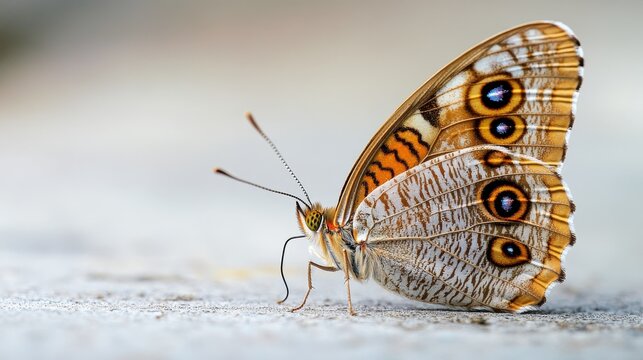 Common Duffer Butterfly resting on a cement floor. Macro shot of an exotic animal in the wild. Macro Photography. Animal Close-up.