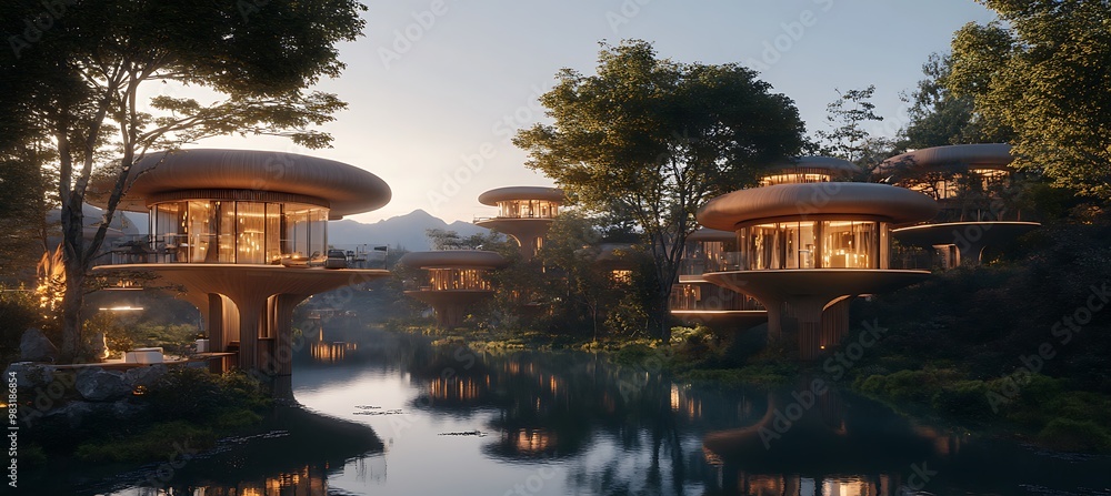 Poster a futuristic world with floating smart homes and interconnected digital networks