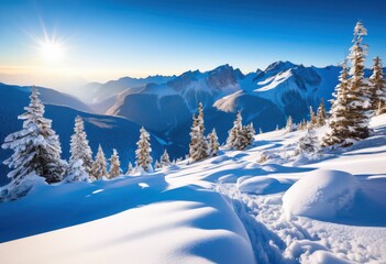 Fototapeta premium breathtaking winter landscapes featuring essential travel gear adventurers explorers snow covered environments, equipment, mountain, forest, ice, hike
