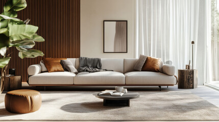 "Elegant living room interior featuring a comfortable sofa. The design creates a stylish and inviting atmosphere, with ample space available for adding personalized text or messages."