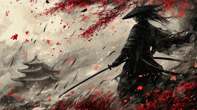 A samurai standing in front of a castle, a runaway ronin with a tattered cloak, holding a katana in his hand and ready for battle.