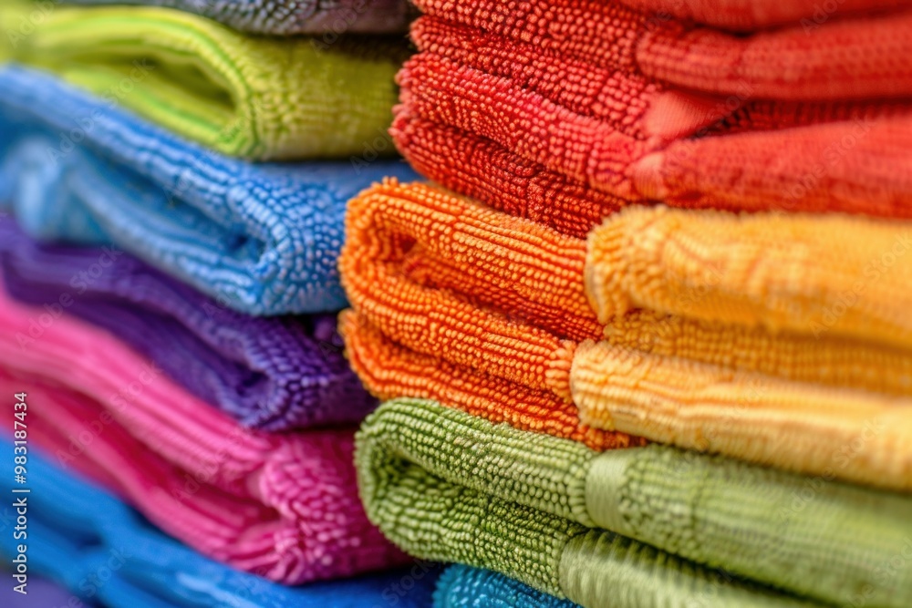 Poster many colorful towels are stacked on top of each other, creating a beautiful rainbow pattern