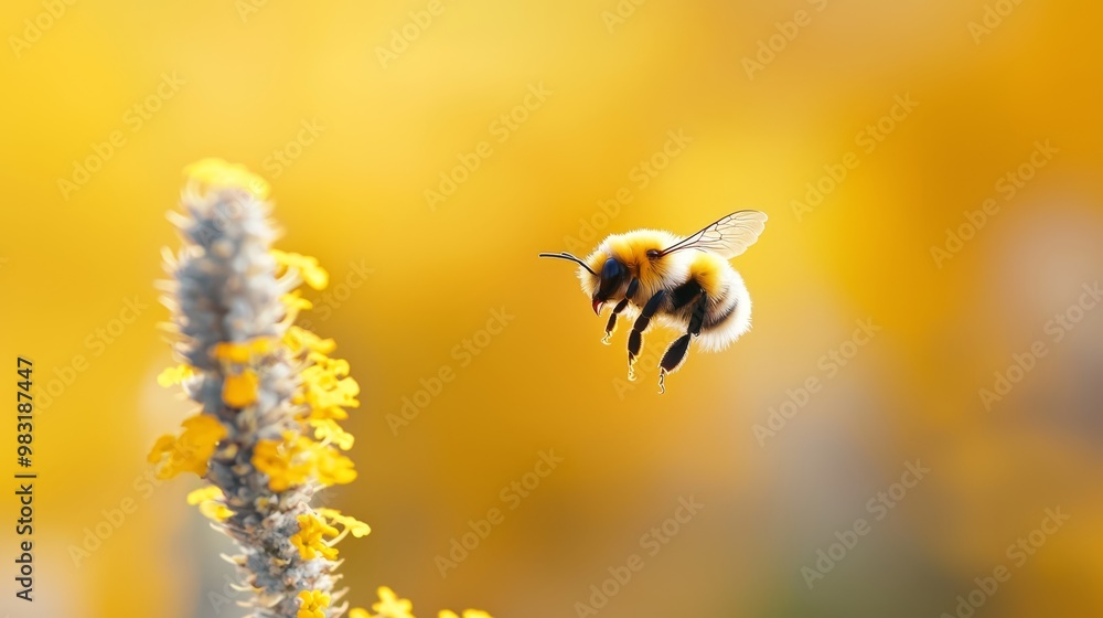 Sticker  A tight shot of a bee mid-flight near a plant boasting yellow blooms  in the foreground