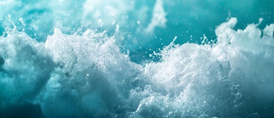 Obraz premium A tight shot of a wave crashing in the ocean, backed by a blue sky dotted with white clouds in the foreground