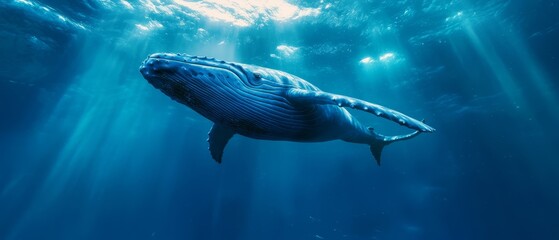 Obraz premium A humpback whale swims beneath the ocean's deep, blue surface