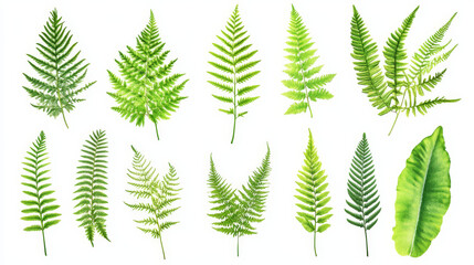 "Collection of fresh fern leaves isolated on a white background, showcasing a variety of shapes and sizes. This set of cut-out elements includes diverse fern types, ideal for use in forest, r