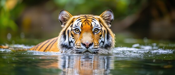 Fototapeta premium A tight shot of a tiger submerged in water, surrounded by trees in the distance
