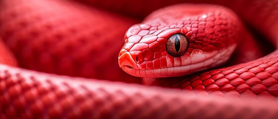 Obraz premium A tight shot of a red snake's head amidst its body, exhibiting wide-open eyes