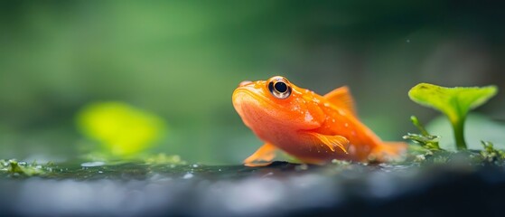  A tight shot of a tiny orange fish perched on a leafy substrate, surrounded by water droplets
