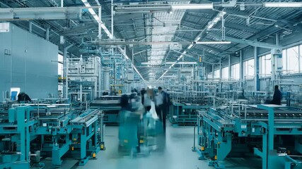 Watch as a factory shop comes to life with machinery operating and workers efficiently assembling products. The busy environment highlights industrial activity. - Powered by Adobe