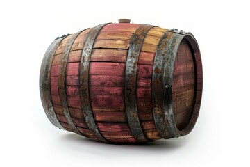 Old wood wine barrel with rusting metal bands is lying on its side on a white background