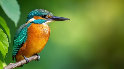 Fototapeta premium A vibrant bird atop a verdant tree branch, contrasting against a hazy green backdrop
