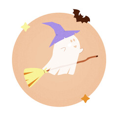 Cute ghost character in witch's hat flying in the sky on broom. Happy Halloween illustration. Spooky fun design