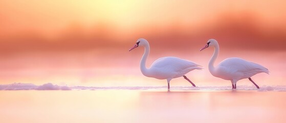Fototapeta premium A pair of white birds on a sandy beach, standing atop a body of water's edge