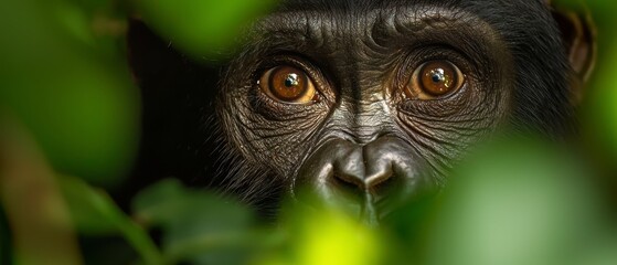 Obraz premium A monkey's face, eyes wide, peeks from behind a green branch with foliage