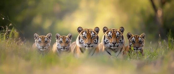 Obraz premium A group of tigers traverses a lush green forest, surrounded by tall grass and wildflowers