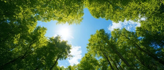  Through the forest canopy, sunlight filters, illuminating green trees and tall, thin ones adorned with leafy crowns