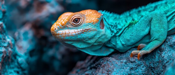 Fototapeta premium A tight shot of a lizard perched on a rock, displaying a vibrant blue-orange facial palette