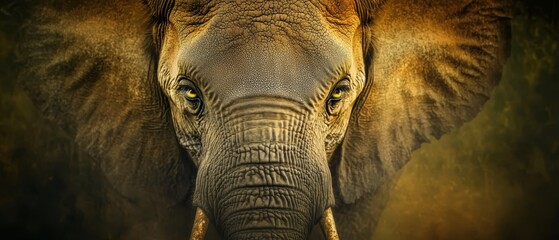  A tight shot of an elephant's face against a dark backdrop, its expressive yellow eyes and curved tusks prominent