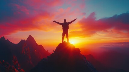 Silhouette of a Person at Sunset on Mountain Peak