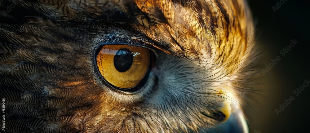 Sticker  A tight shot of an owl's vivid orange-yellow eye against a black backdrop Its body, adorned with yellow and brown feathers, is subtly hint